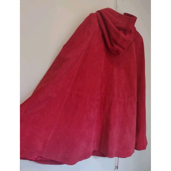 Red Suede Washable Full Zip Poncho / Cape W Pockets Drawstring & Hood One Size - Picture 3 of 15